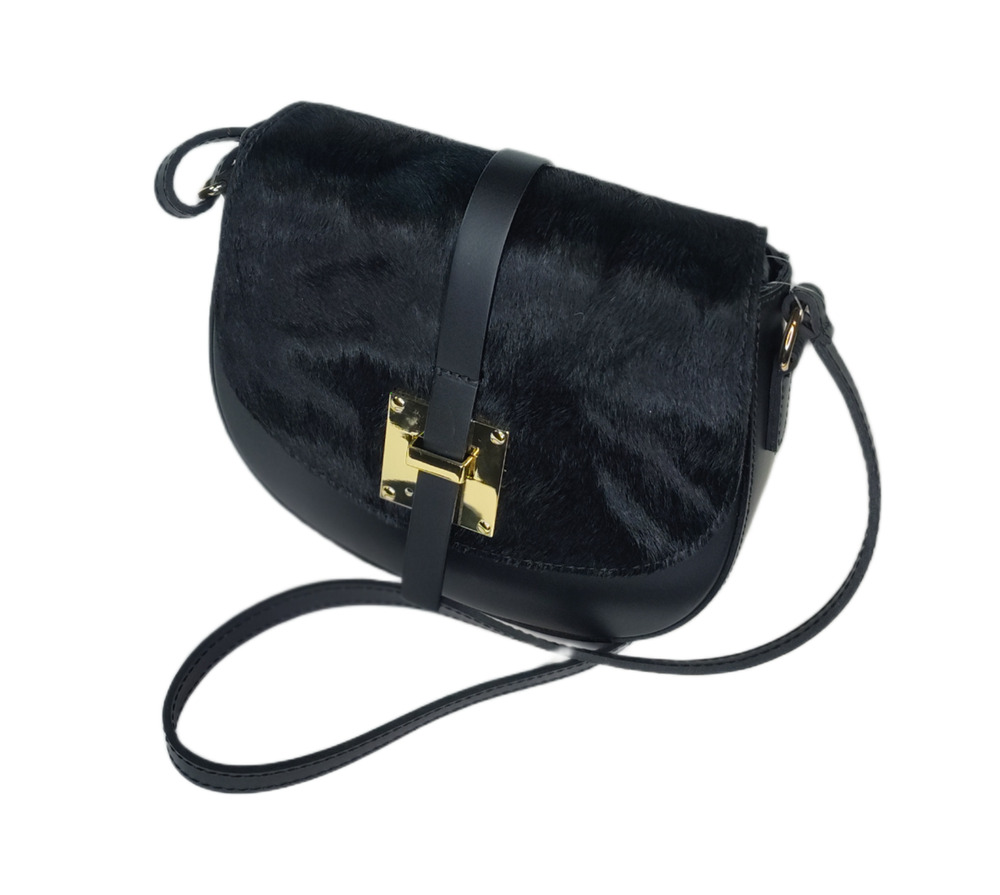 Charlie Leather Mack Black Leather & Black Fur Small Half Moon Crossbody Bag-NWT